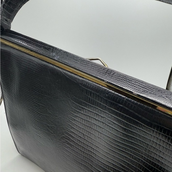 Vintage Black Leather Kelly Bag Reptile Embossed Structured Handbag - Picture 5 of 10